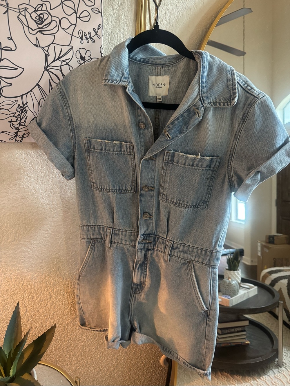 Hidden Light Wash Denim Romper - Short Sleeve Jumpsuit - NEVER WORN!